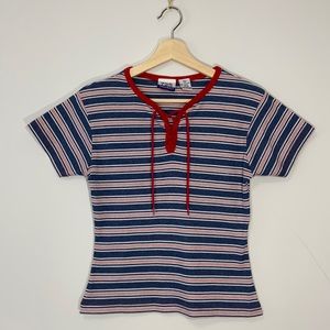 Vintage Y2K Red Striped Lace Up Front Tee Shirt